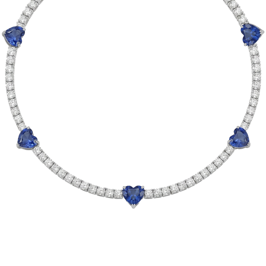 18kt White Gold Blue Sapphire & Natural Diamond Heart Necklace