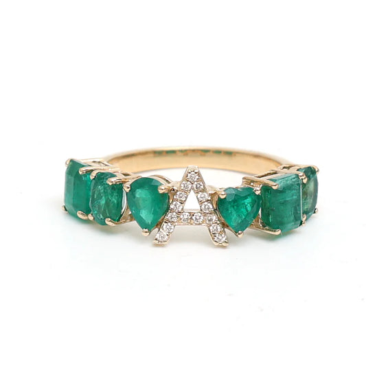 Emerald With Diamond Letter Half Ring | 18K