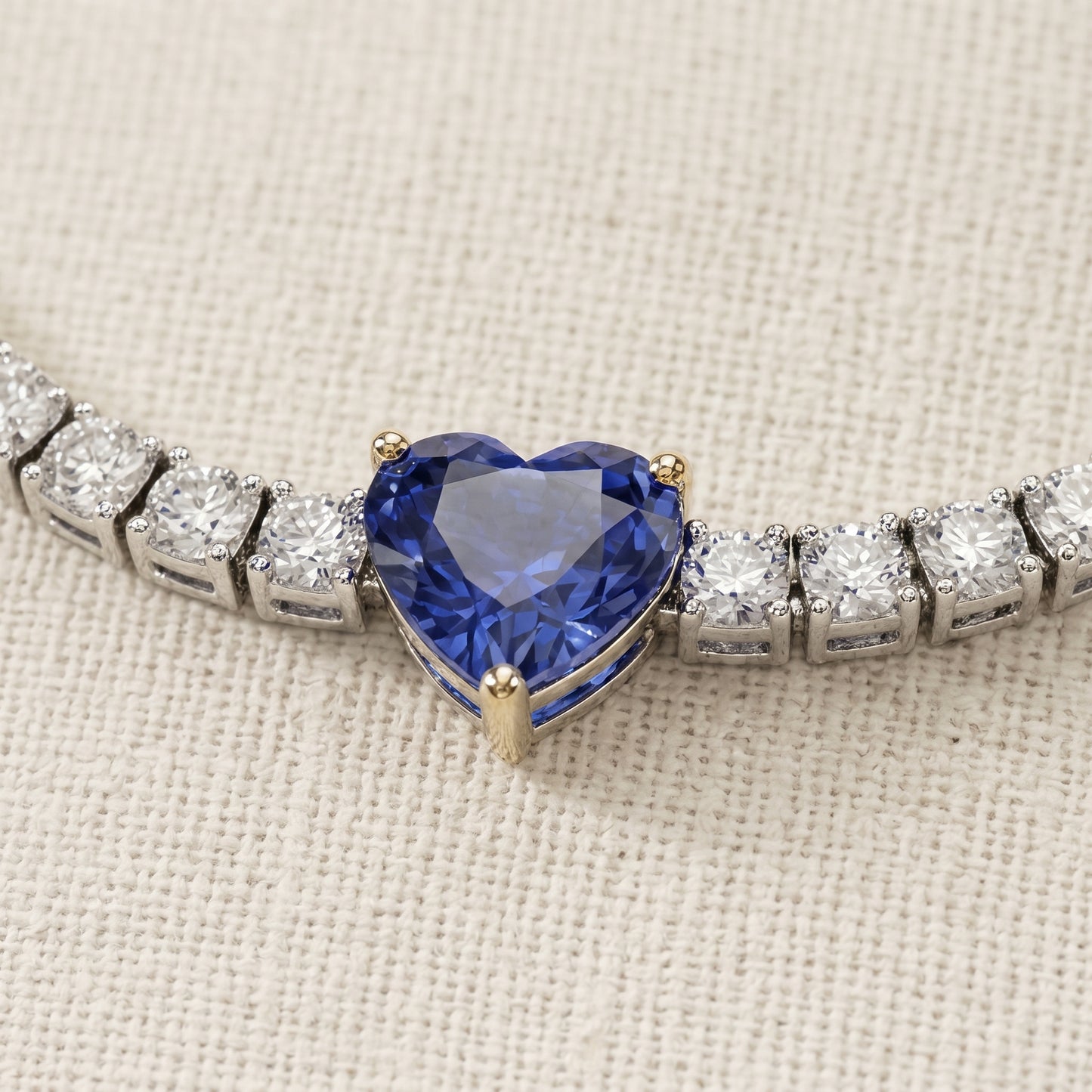 18kt White Gold Blue Sapphire & Natural Diamond Heart Necklace